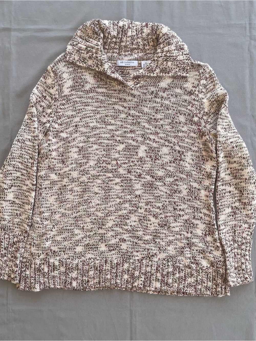 Liz Claiborne V Neck Sweater Knit Size 1X Brown White Chunky Knit Split Neck POC